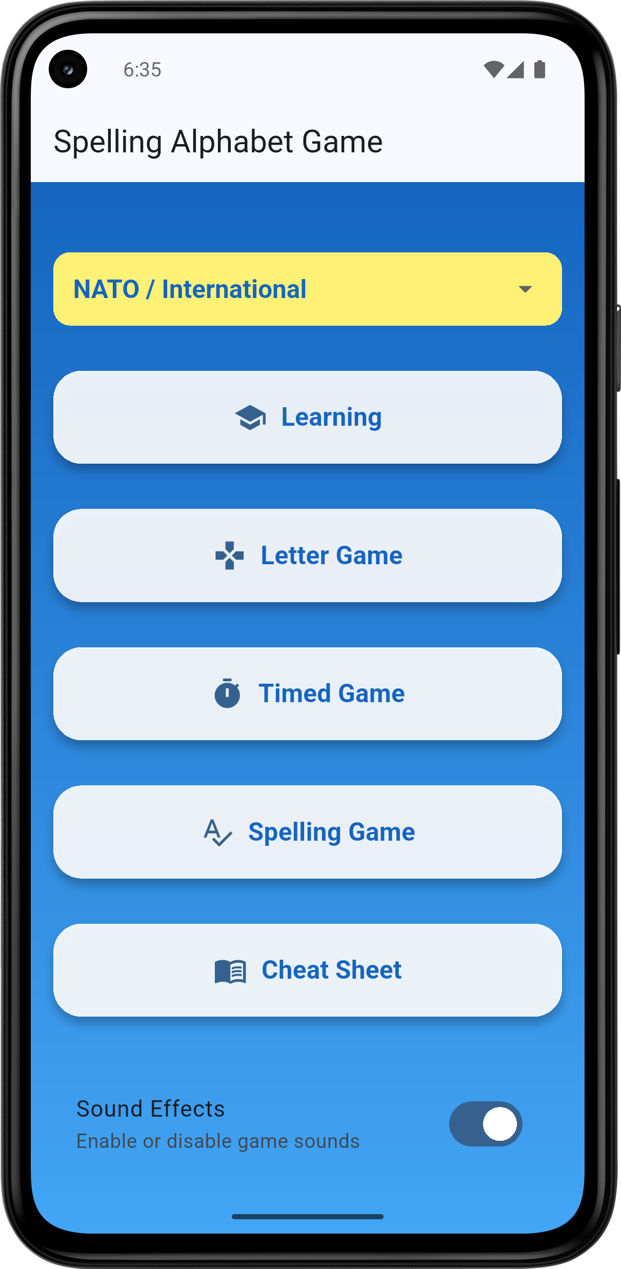 Home screen with main menu options