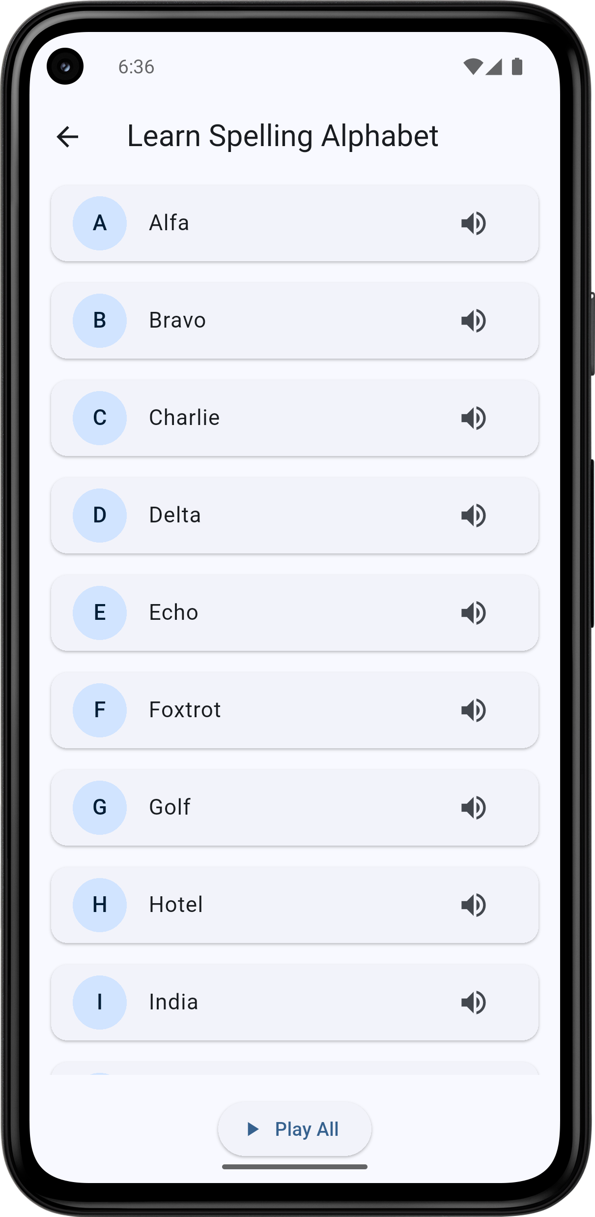 NATO alphabet learning interface