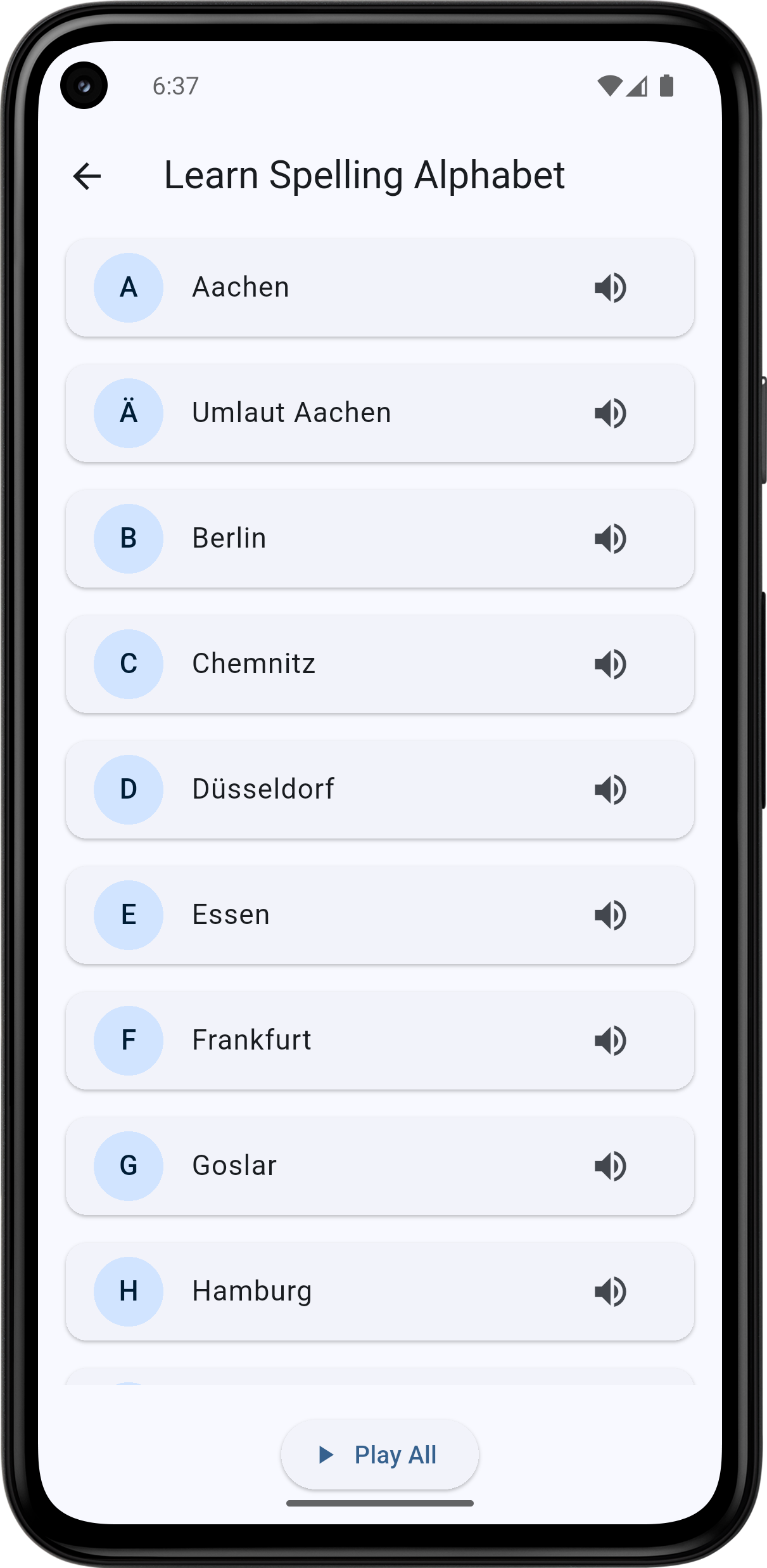 German 2022 phonetic alphabet learning screen