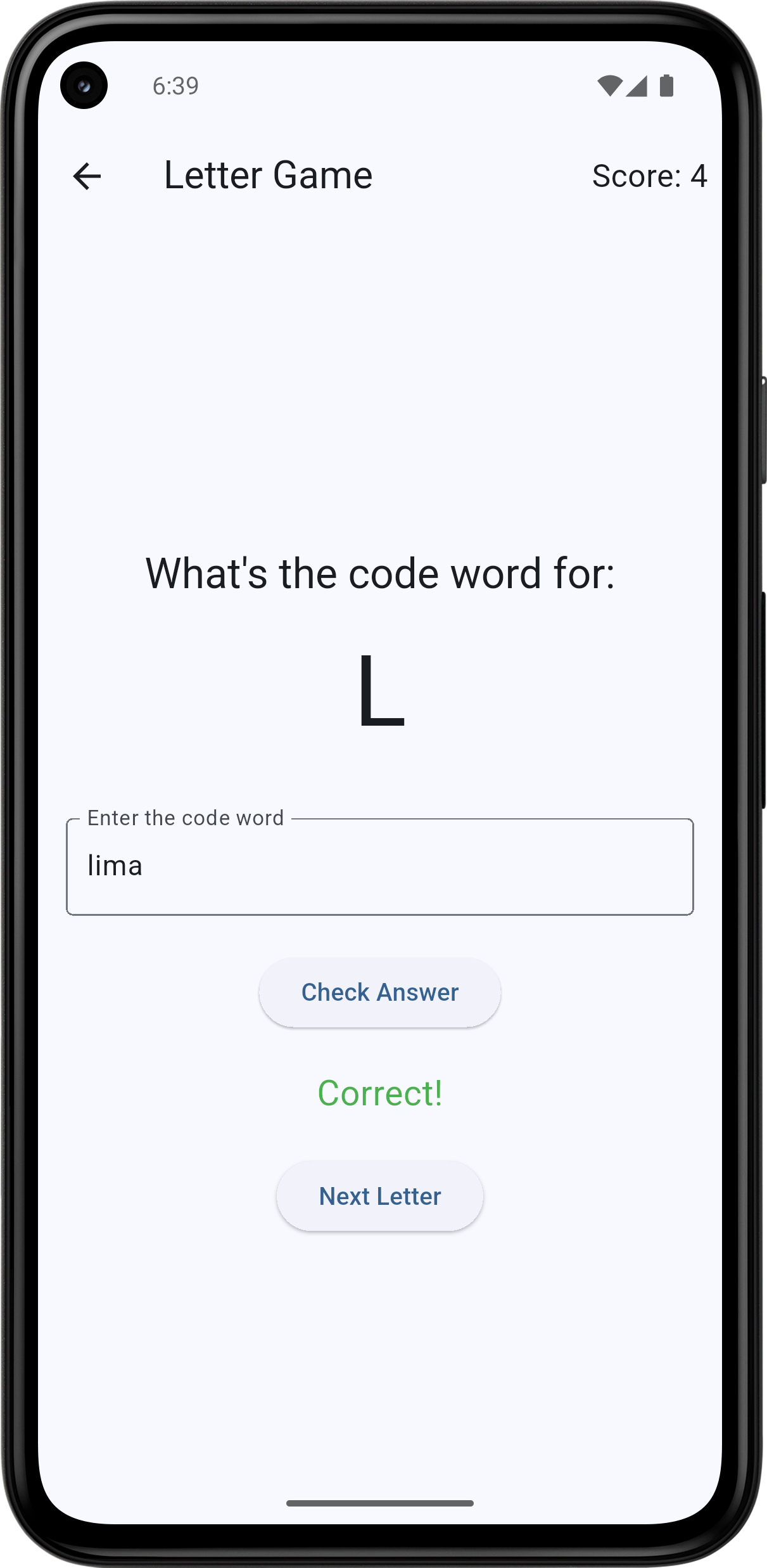Letter matching game interface