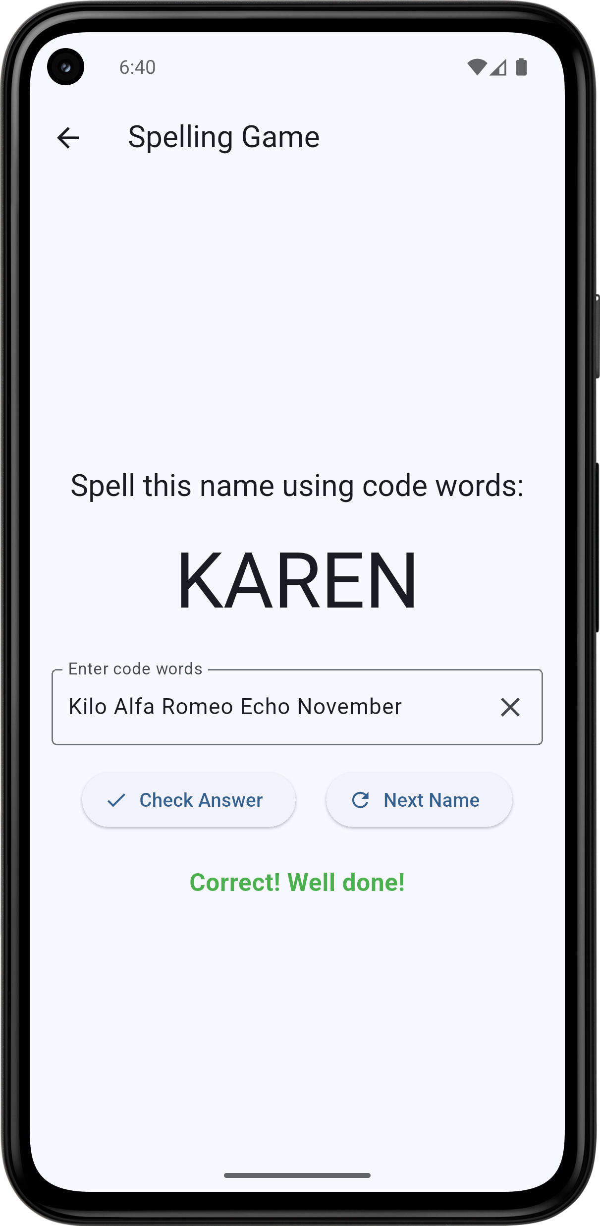 Spelling game using phonetic alphabet