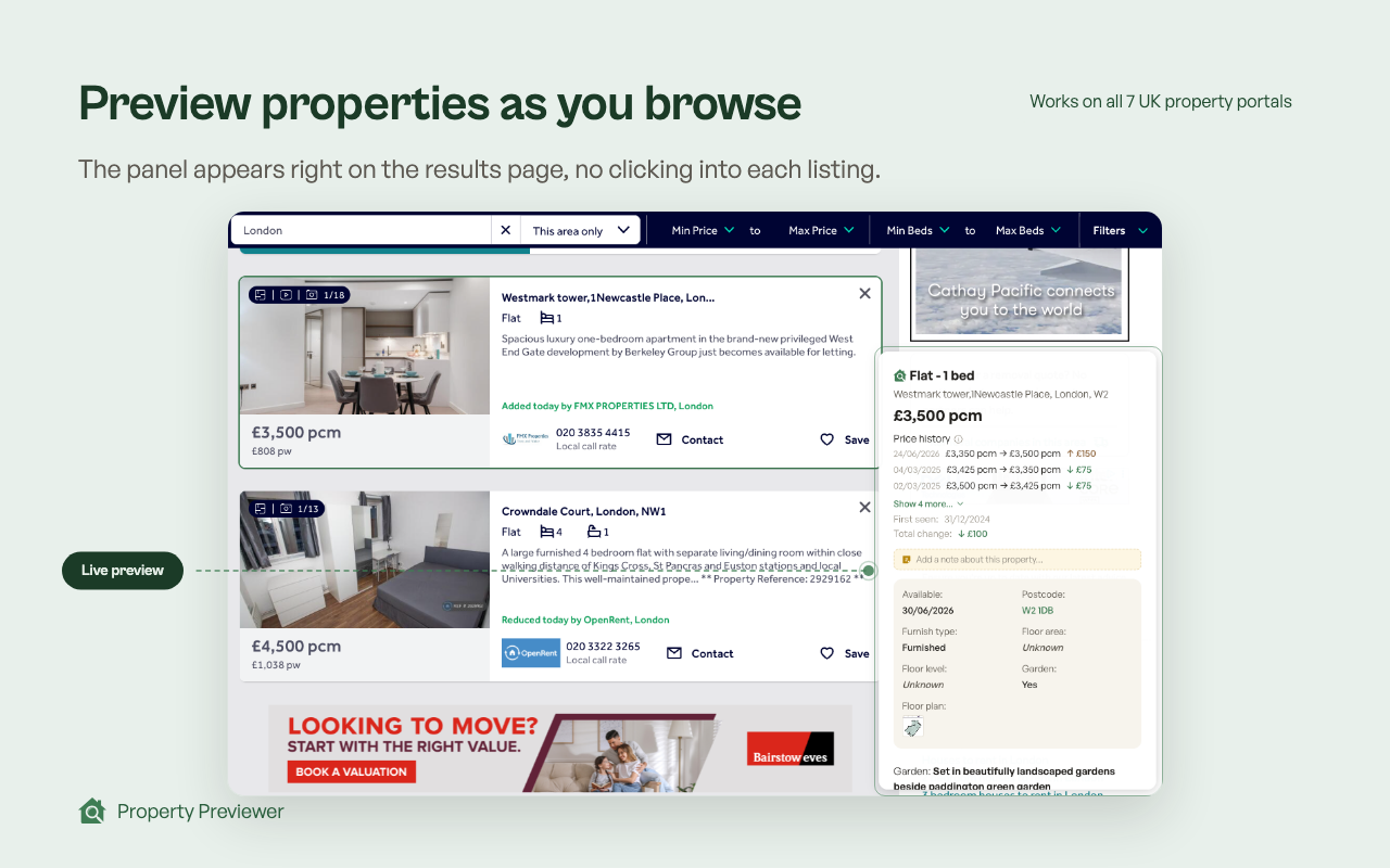 Preview panel on a property search results page