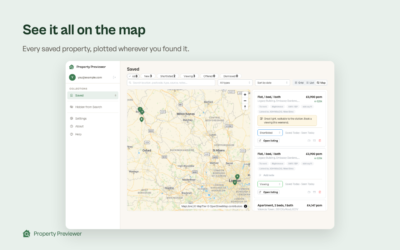 Saved properties plotted on a map