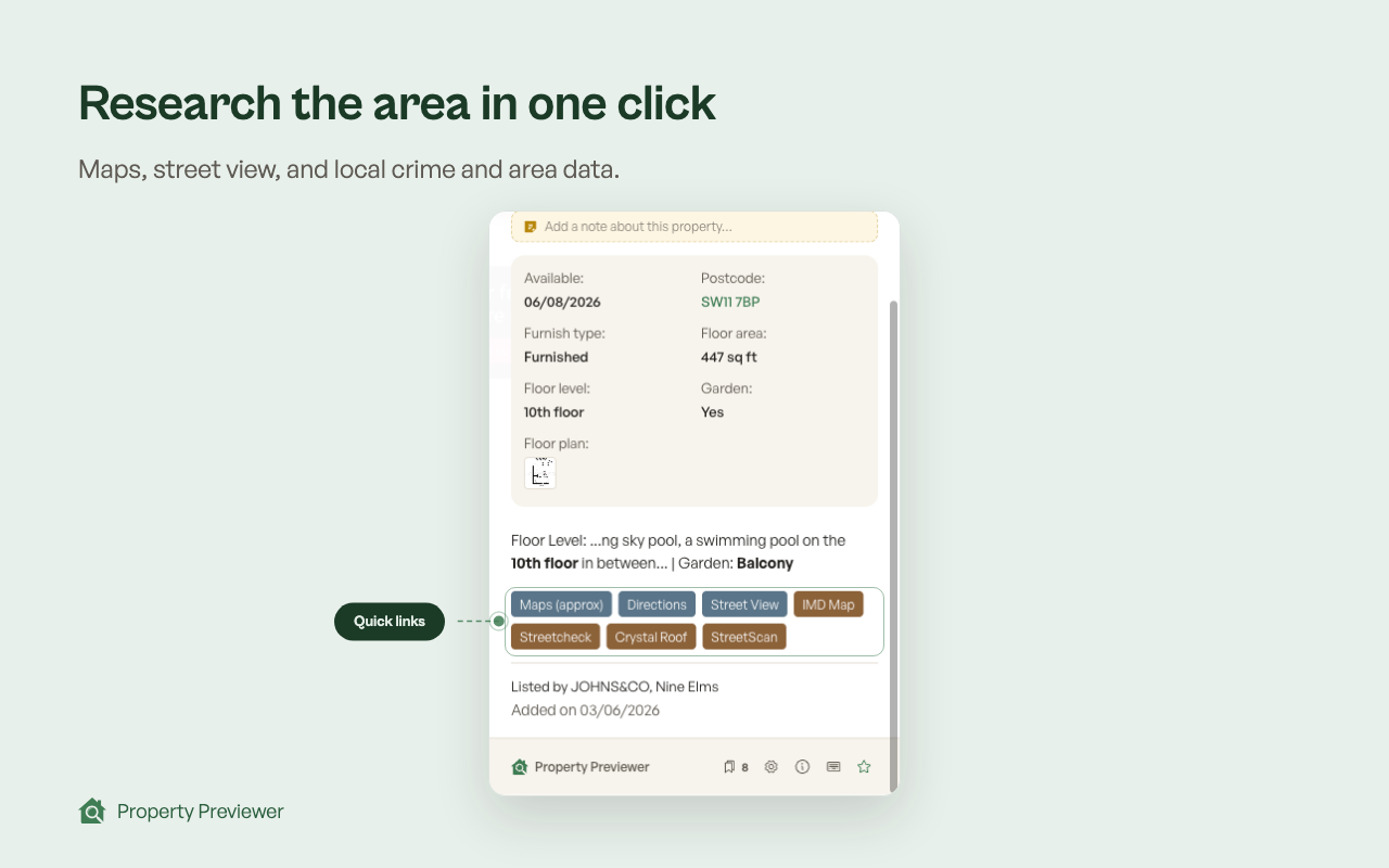Quick local-area research links for a property